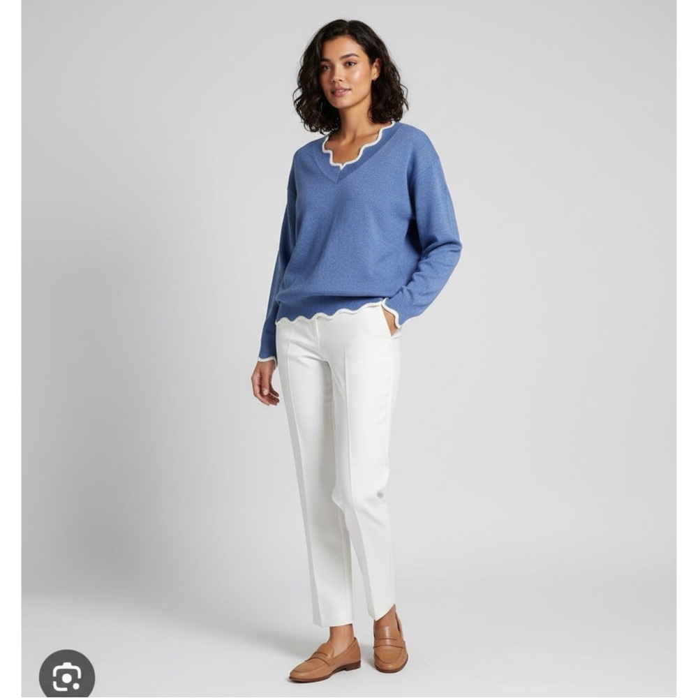 Misslook Blue Women's Sweater with White Wavy Trim - Picture 3 of 4